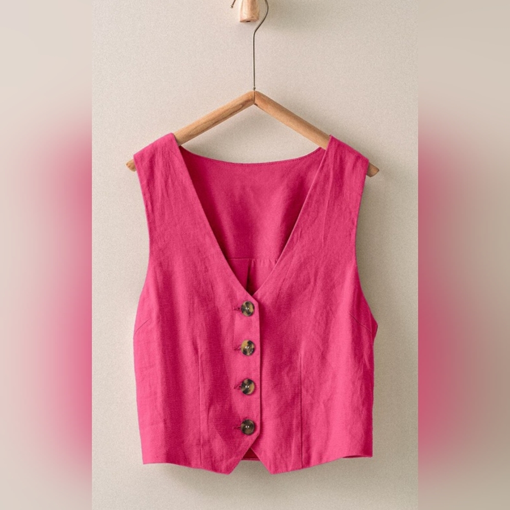 #391 🛑S,M Boho HOT PINK Linen Button Down Vest